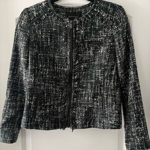 Banana Republic Black White Boucle Tweed Raw Edge Jacket Zip Front Office Sz 4